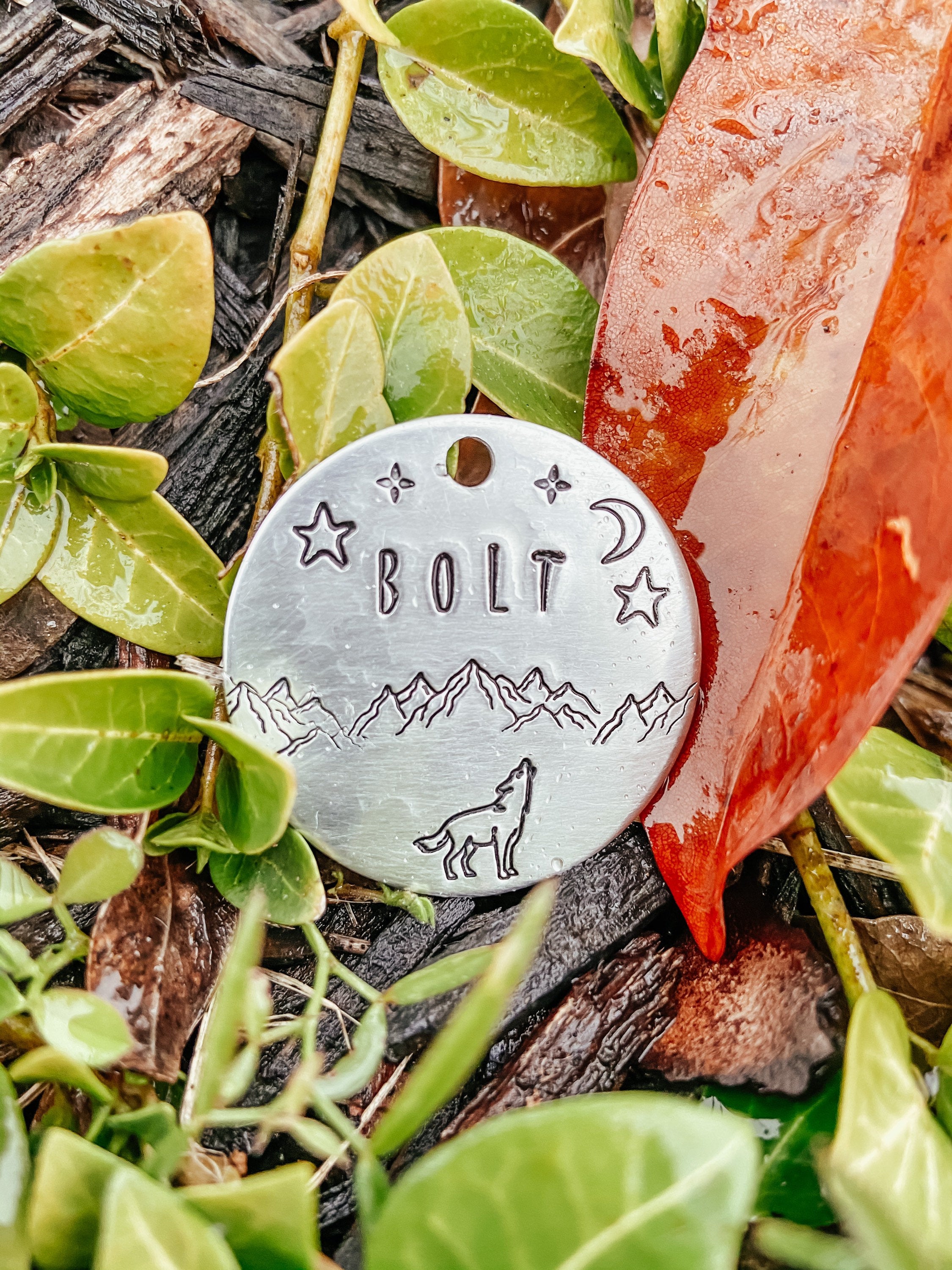 Whispering Wind Pet ID Tag, Dog ID Tag, Handstamped Dog Tag