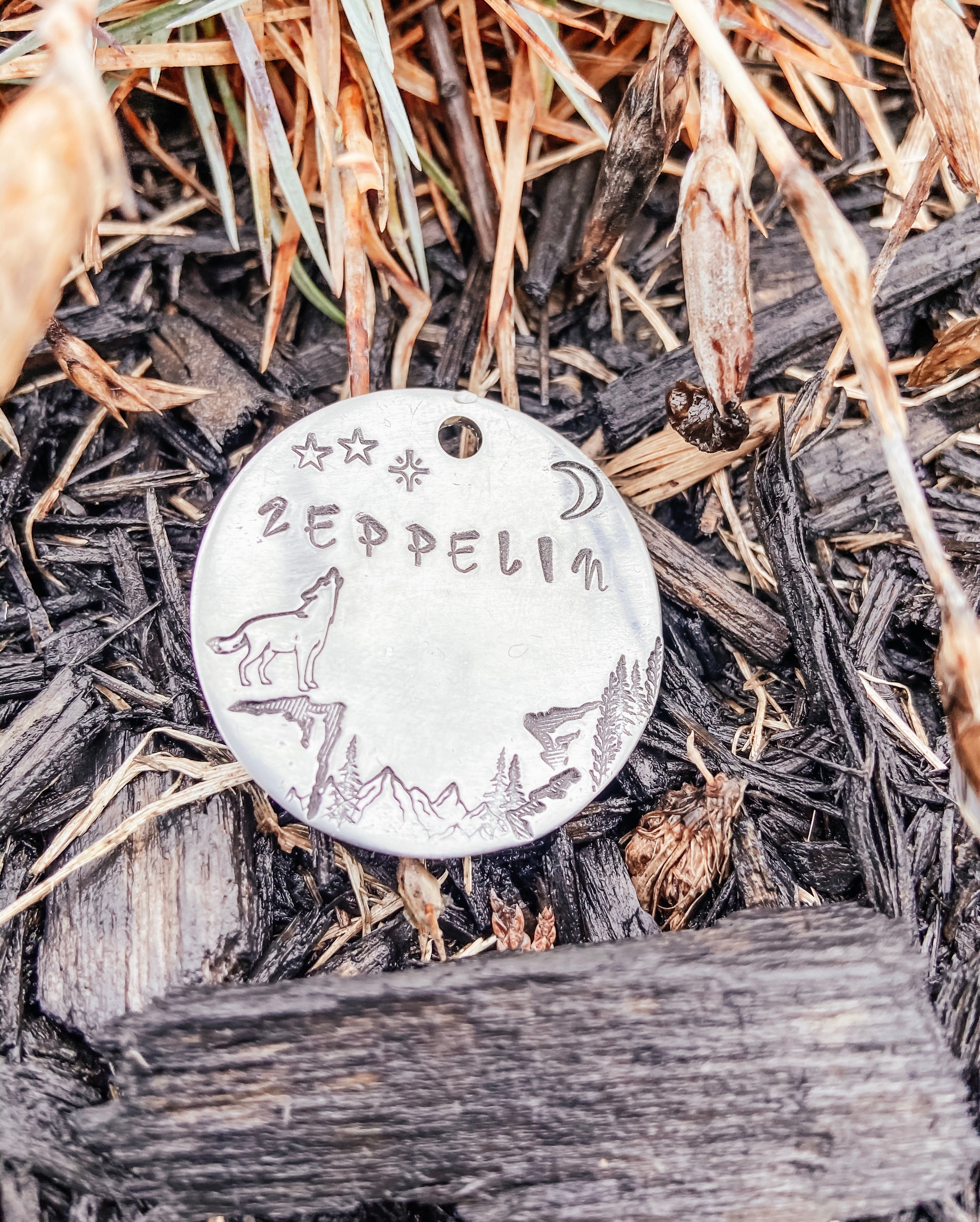 Over The Mountains Tag Pet ID Tag, Dog ID Tag, Handstamped Dog Tag
